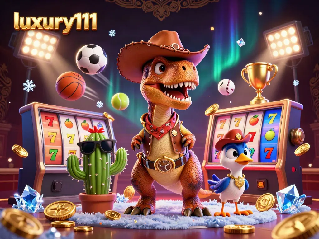 Engage in luxury111 casino excitement with a T-Rex cowboy and friends in a vibrant slot scene.