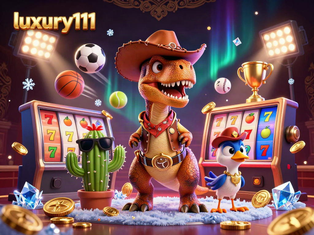 Engage in luxury111 casino excitement with a T-Rex cowboy and friends in a vibrant slot scene.