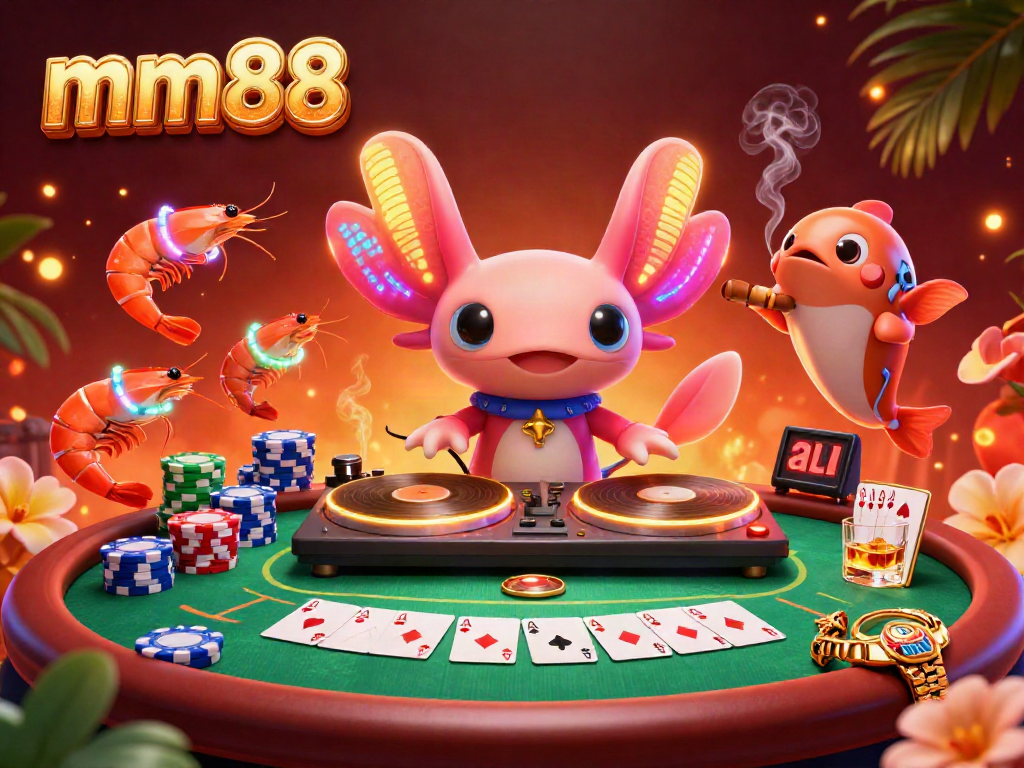 Engage in exciting gameplay with mm88 as the neon axolotl DJ spins records amidst vibrant poker action and lively marine characters.