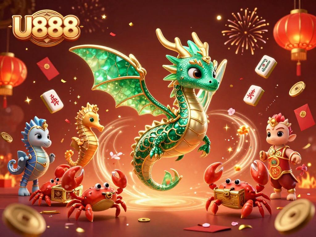Engage with U888 for vibrant casino adventures featuring a dragon, crabs, and festive elements.