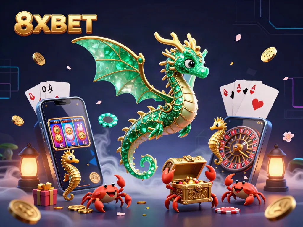 Experience thrilling games at 8XBET with a vibrant illustration featuring a sea dragon, casino elements, and dynamic energy.