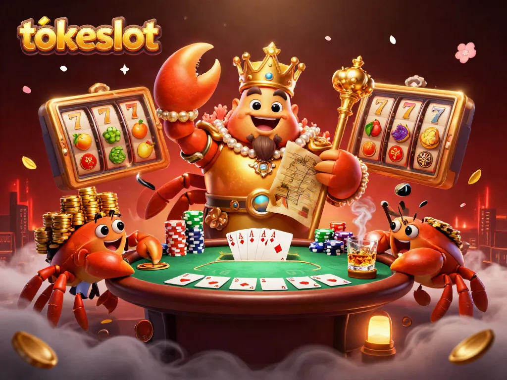 Experience iconically dynamic tokeslot gaming with a golden crab emperor amidst slot reels and vibrant poker elements.