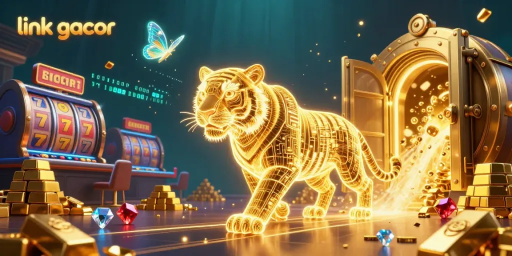 Experience link gacor in a thrilling digital casino scene with golden treasures and vibrant 3D characters.