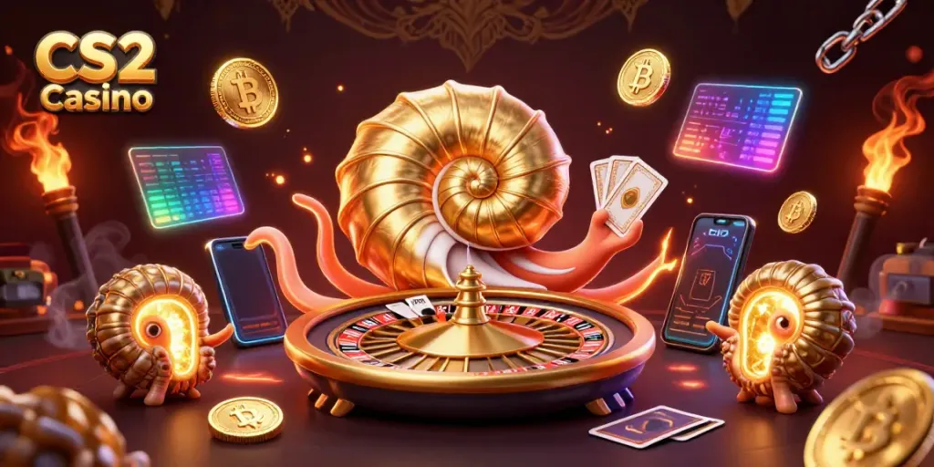 Engage in thrilling gameplay at CS2 Casino with a giant nautilus roulette and glowing cryptocurrencies.