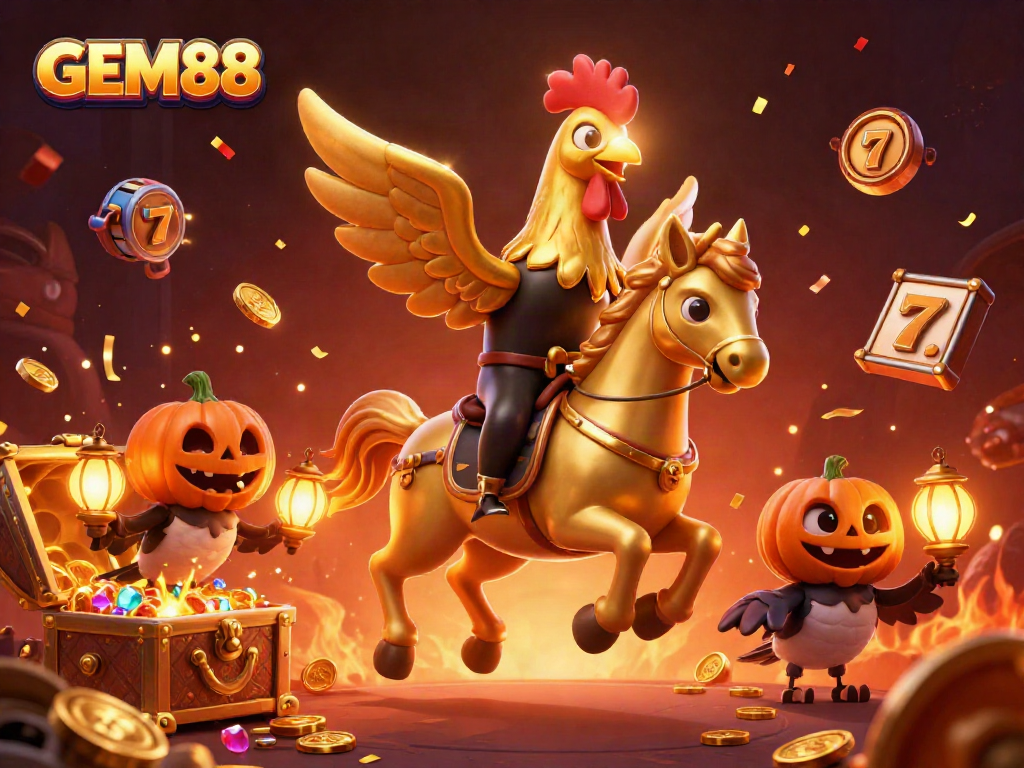 Experience GEM88's thrilling slots with a magical scene of vibrant casino action and festive elements.