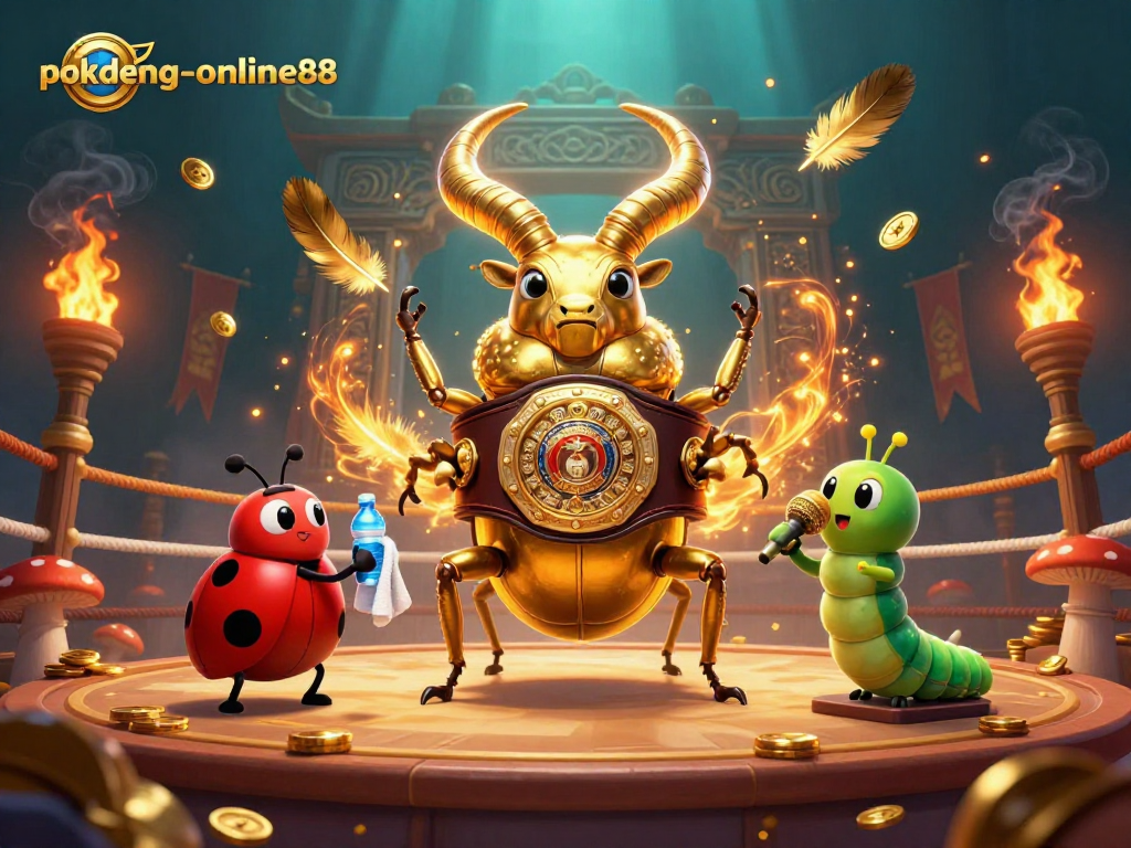Engage with pokdeng-online88 as the golden stag beetle faces off in a vibrant casino-themed battle.