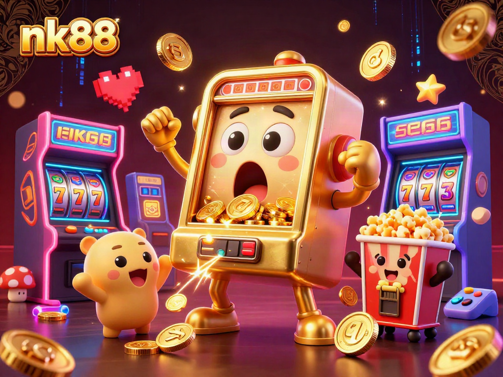 nk88 slot machine wins jackpot showering coins in vibrant gaming scene