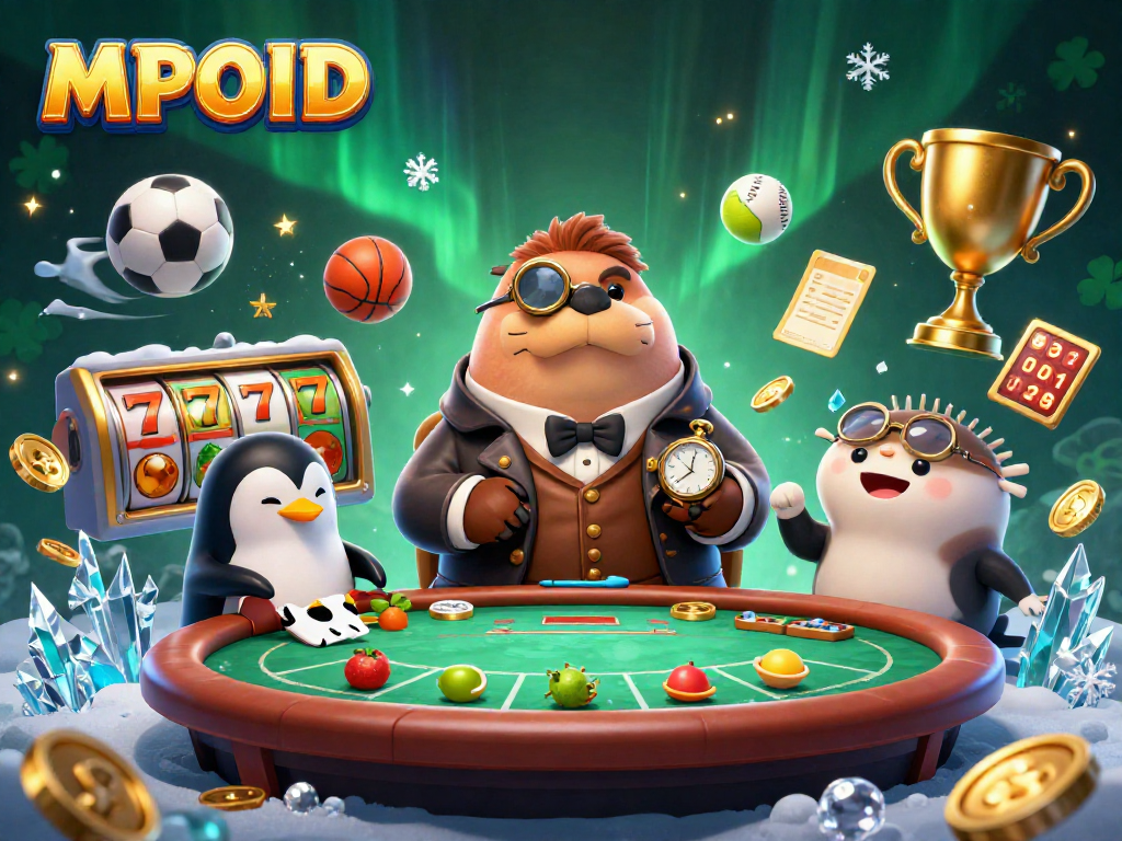 MPOID shows a vibrant underwater casino scene featuring a walrus, penguin dealer, and pufferfish as they engage in animated gameplay