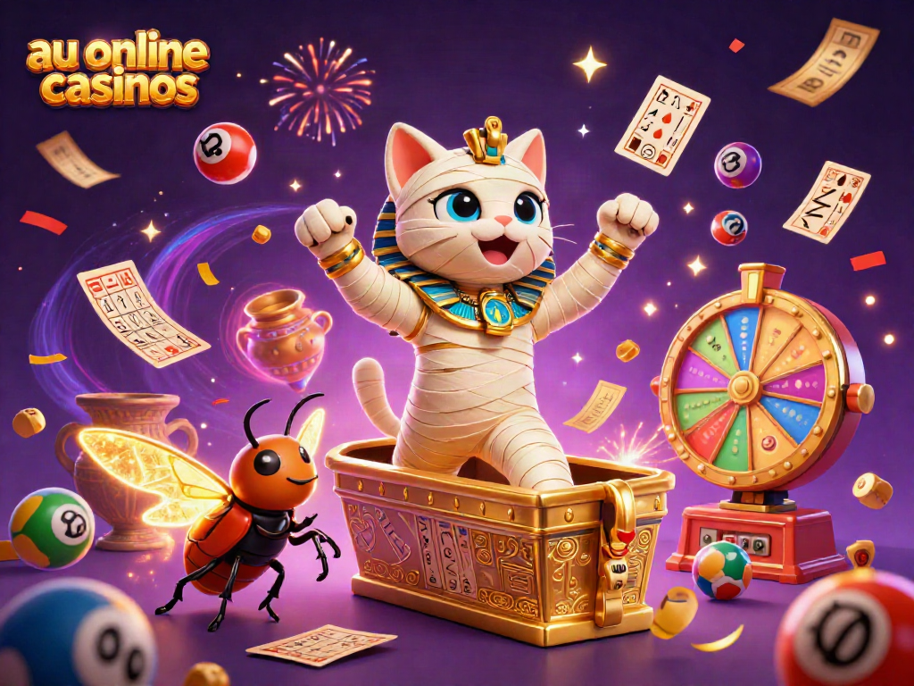 Engaging scene of 3D mummies celebrating at au online casinos with vibrant gambling elements.