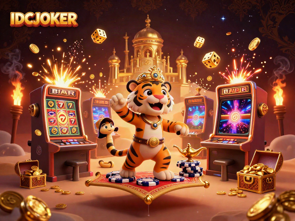 Experience excitement with IDCJOKER, featuring a tiger sultan on a flying carpet amidst a jackpot explosion in a casino-themed scene.