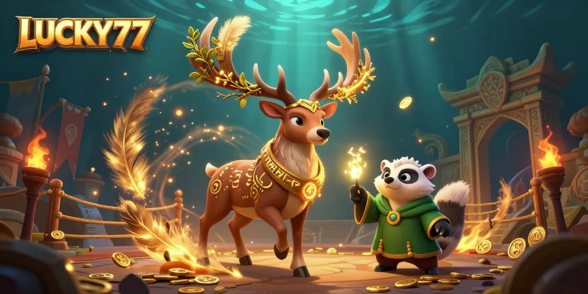 Engage with the enchanting world of LUCKY77 in this vibrant casino illustration featuring magical characters.