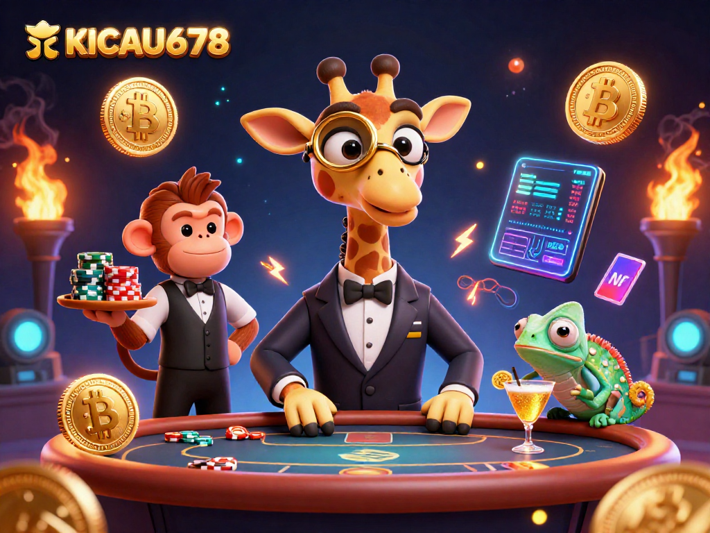 KICAU678 showcases a high-roller giraffe at a poker table, surrounded by cryptocurrency elements and vibrant animations.
