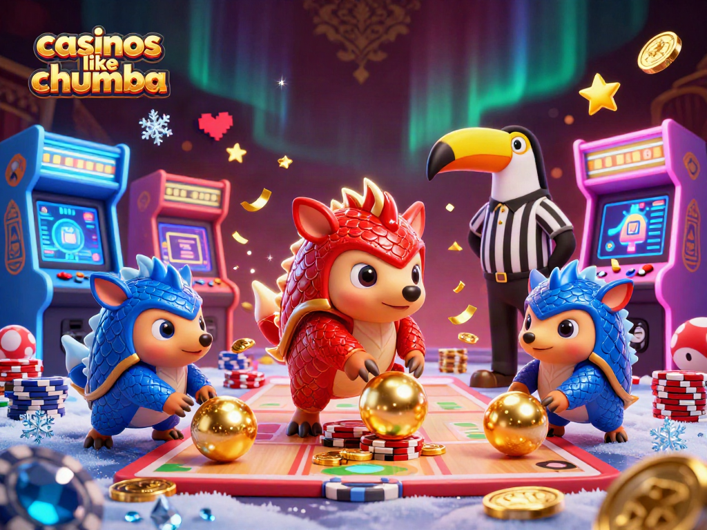 Bowling pangolins celebrate wins at casinos like Chumba with golden coins and vibrant game machines.