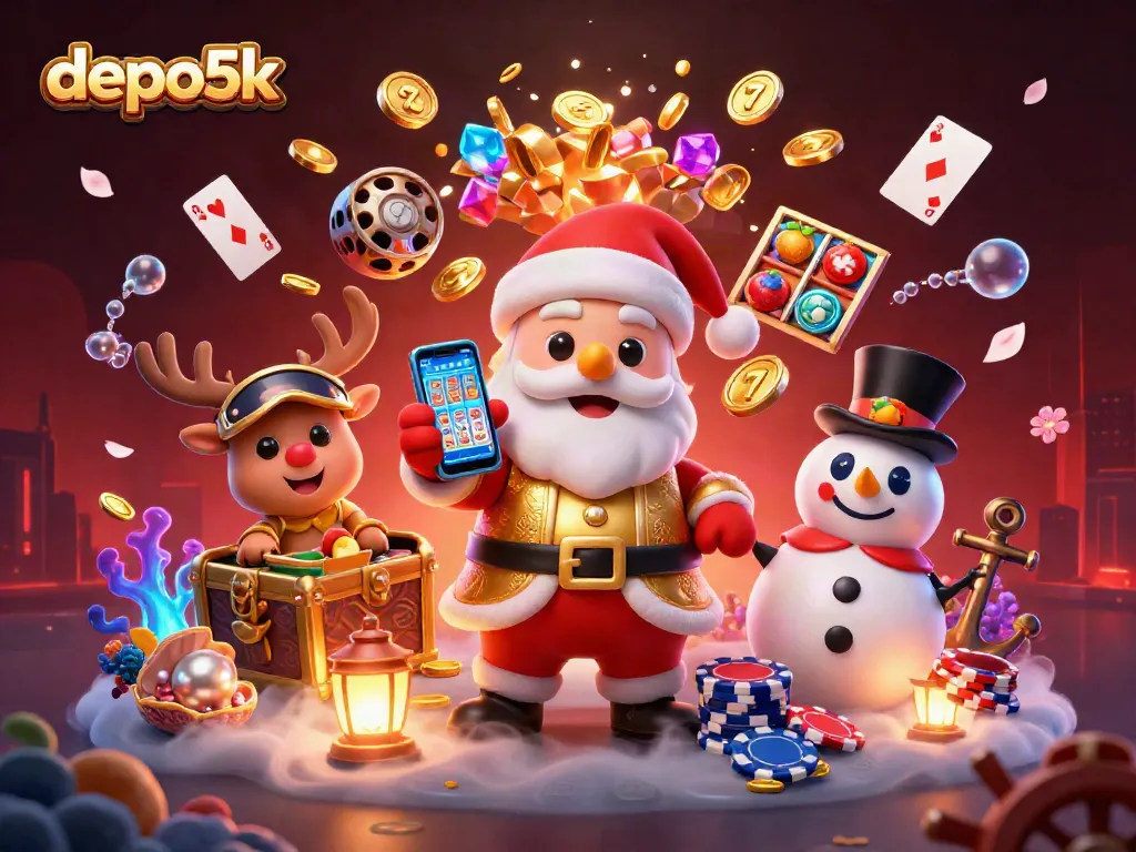 Experience the excitement of depo5k with Santa Claus and friends in a vibrant casino setting.