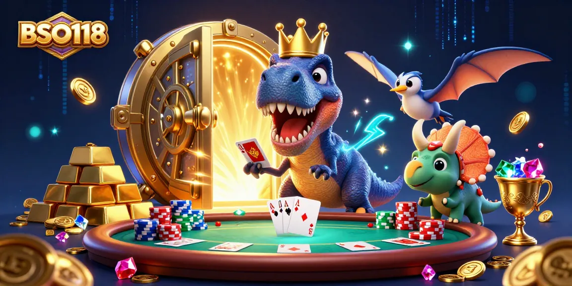 Engage with BSO118 in a vibrant poker scene featuring a T-Rex and friends in a magical casino.