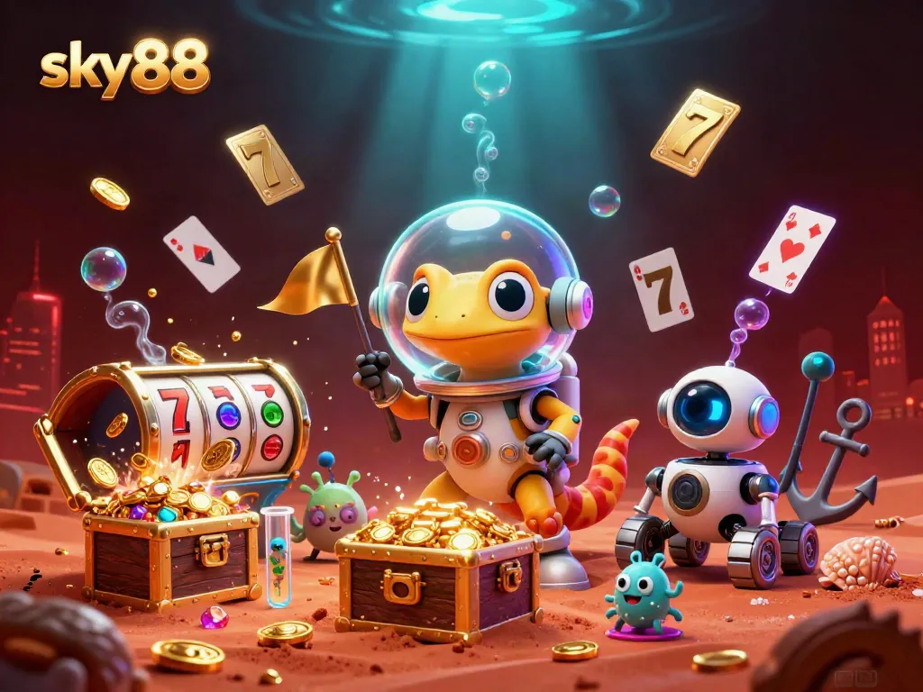 Experience exciting gaming opportunities at sky88 with a Martian gecko exploring a vibrant casino.