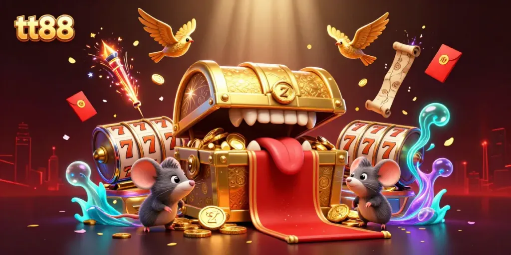 Play and win with tt88 at this vibrant online casino illustration featuring golden treasures and dynamic gameplay.