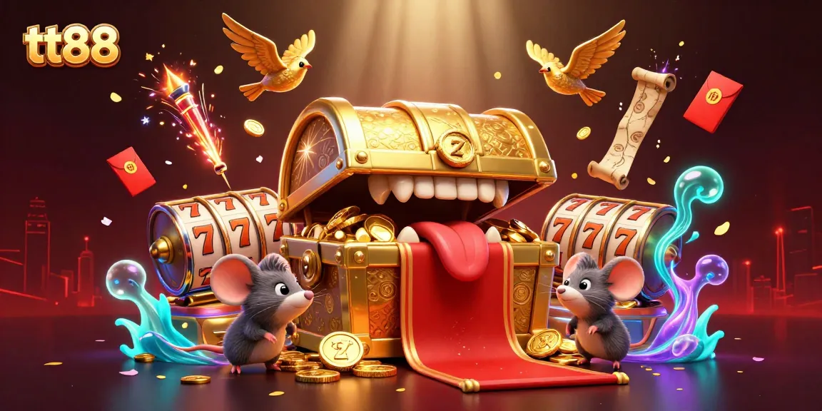 Play and win with tt88 at this vibrant online casino illustration featuring golden treasures and dynamic gameplay.