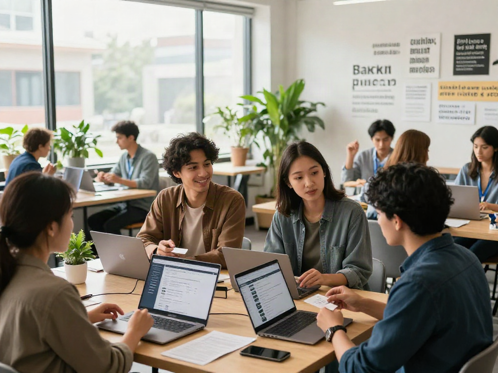 Job seekers networking in a modern co-working space while หางาน opportunities are discussed.