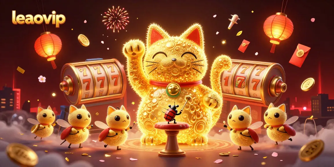 Engage with the leaovip platform featuring a vibrant 3D lucky cat illustration amidst casino symbols.