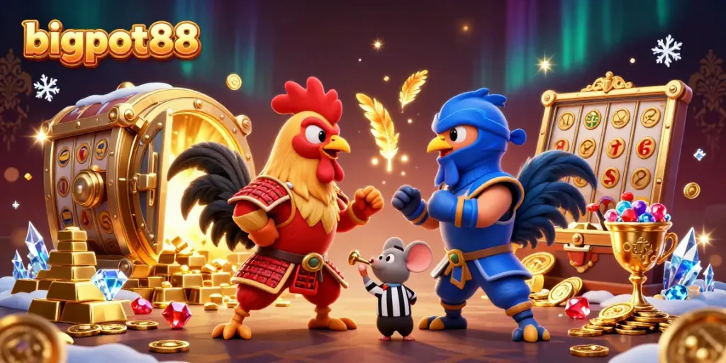 Engage in thrilling gameplay at bigpot88, featuring spectacular roosters in battle surrounded by jackpots and gold treasures.