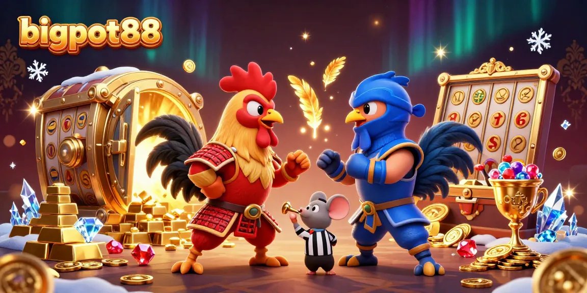 Engage in thrilling gameplay at bigpot88, featuring spectacular roosters in battle surrounded by jackpots and gold treasures.