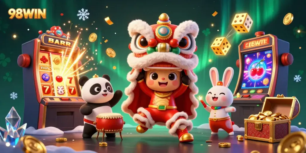Experience the thrill of 98WIN with lively characters in a vibrant casino scene.