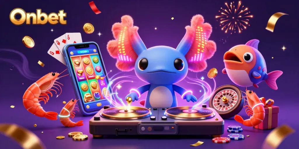 Engage in thrilling gameplay with Onbet's vibrant casino scene featuring animated characters.