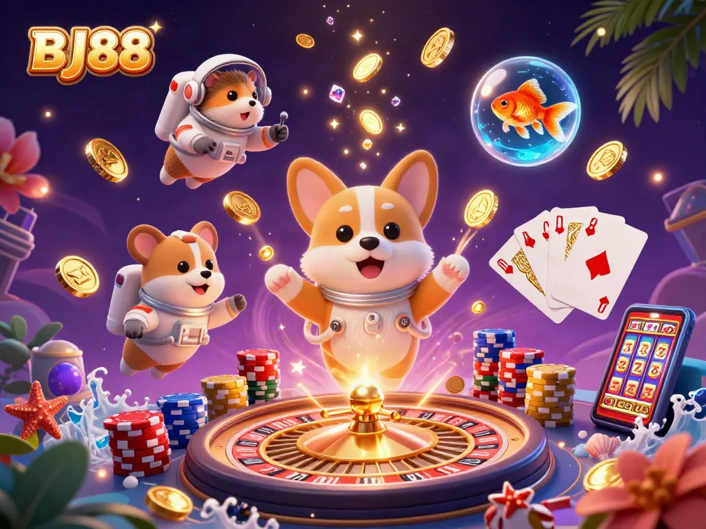 BJ88 offers exciting gameplay with a vibrant floating astronaut corgi in a space casino, surrounded by golden coins and slot games.