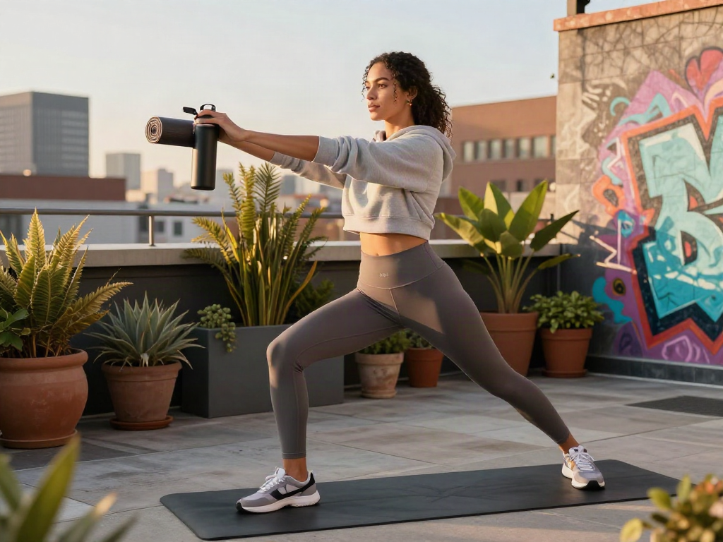 Fashionable woman in ALO 8 leggings practicing yoga on a rooftop with city views.