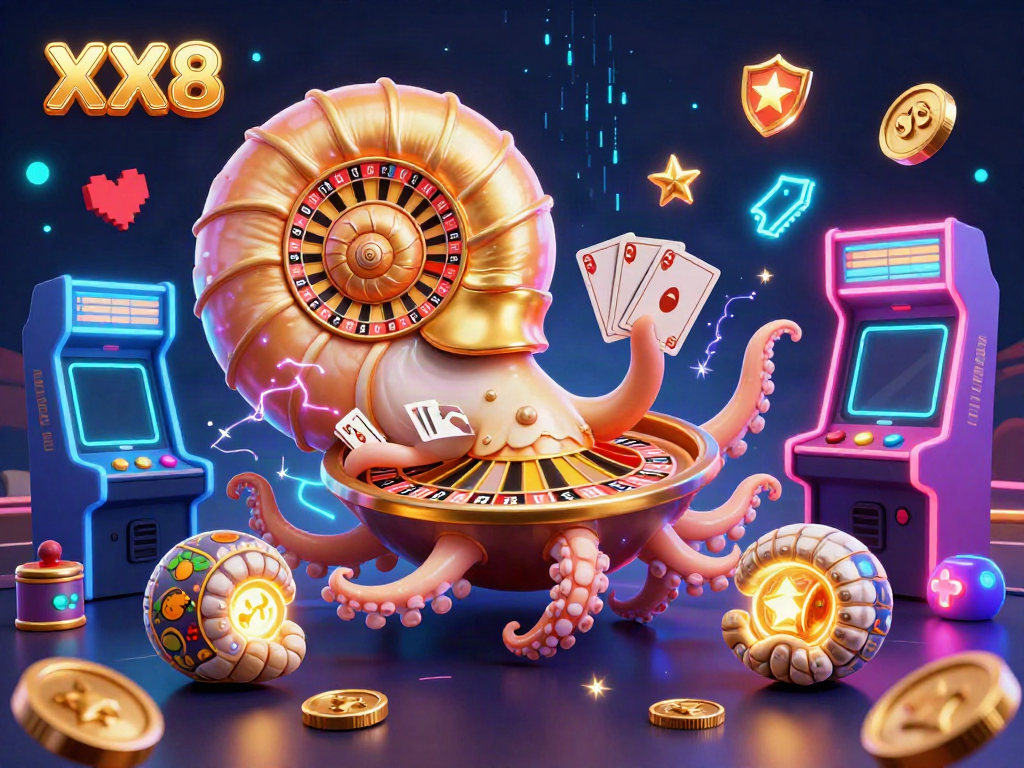 Experience the excitement of gambling with XX8 depicted in a vibrant 3D casino scene featuring a nautilus roulette wheel and dynamic slots.