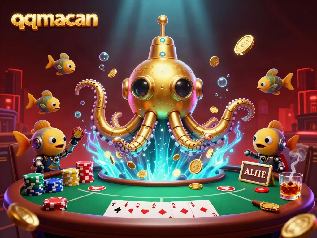 Experience the thrill of gaming with qqmacan, illustrated in an exciting underwater casino scene full of poker action and vibrant characters.
