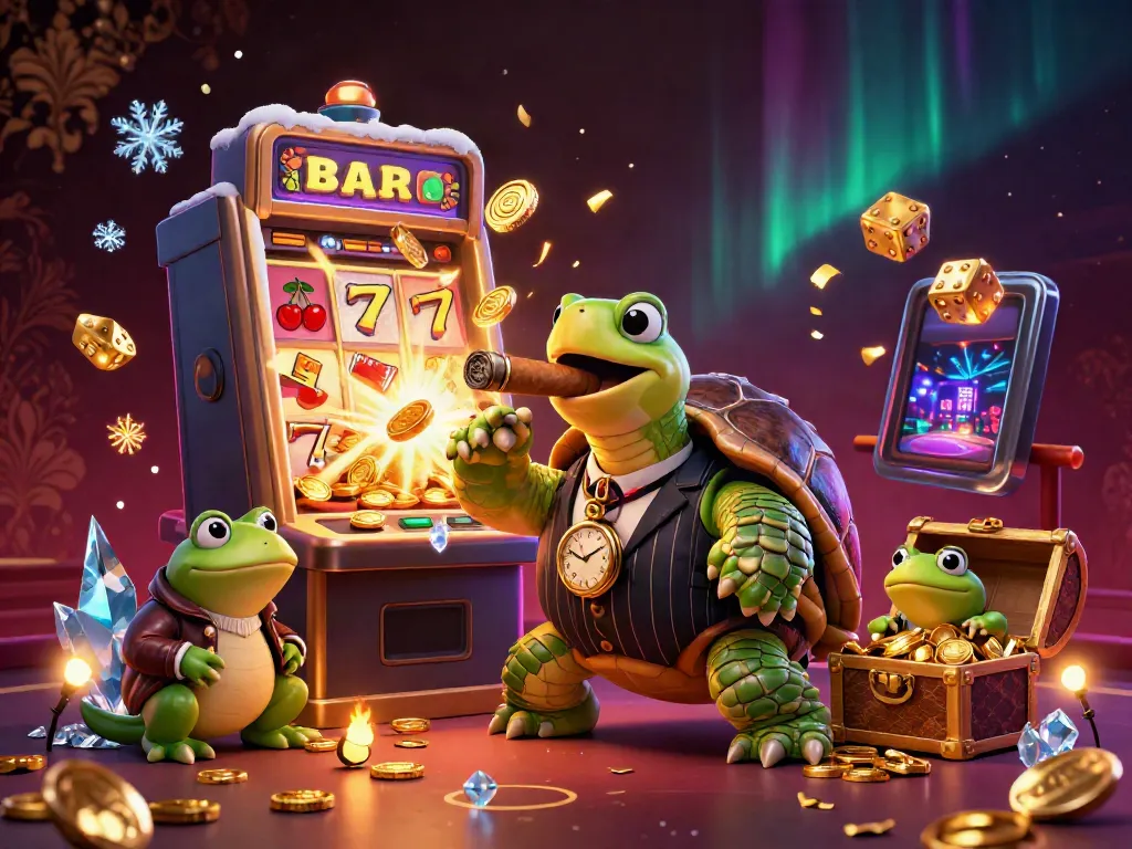 Experience the thrill at okwin with a dynamic casino scene featuring a snapping turtle and bullfrog enforcers.