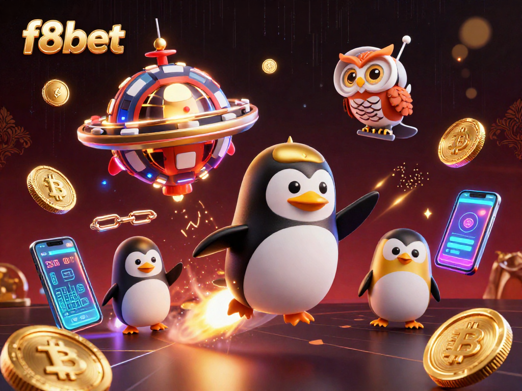 Experience f8bet's thrilling gameplay with a golden penguin blasting towards a cosmic casino.