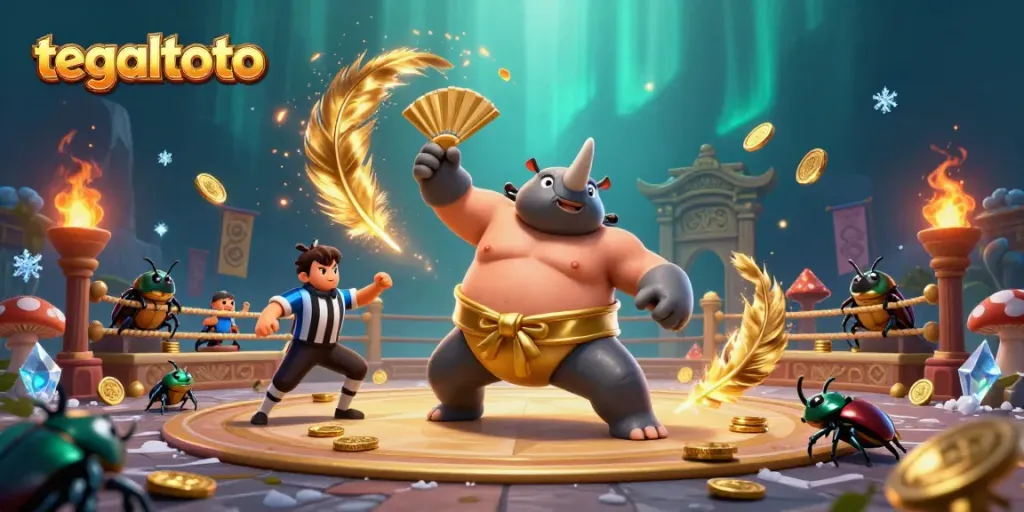 Experience thrilling moments in tegaltoto as a sumo beetle champion battles for coins in a vibrant arena.