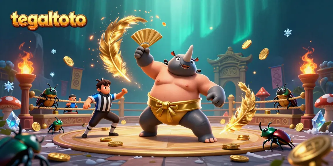 Experience thrilling moments in tegaltoto as a sumo beetle champion battles for coins in a vibrant arena.