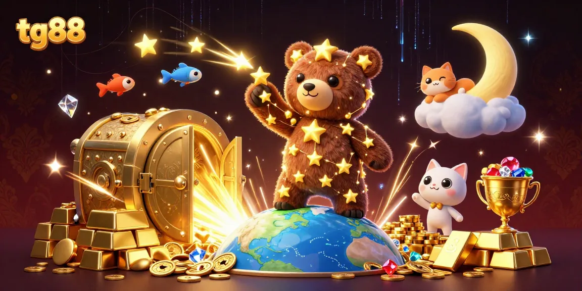 Experience tg88 excitement with golden treasure and vibrant casino elements in this dynamic illustration