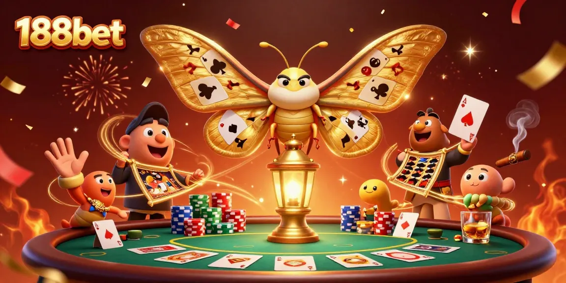 Experience the vibrancy of 188bet with an enchanting scene featuring a golden-winged moth and casino elements.