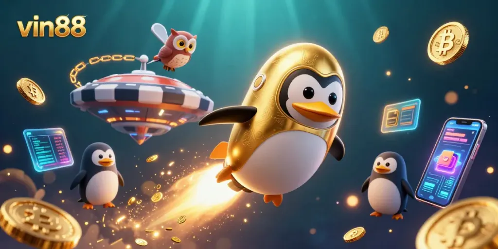 Experience vin88's exciting world of online gaming through a vibrant 3D casino illustration featuring a golden penguin.