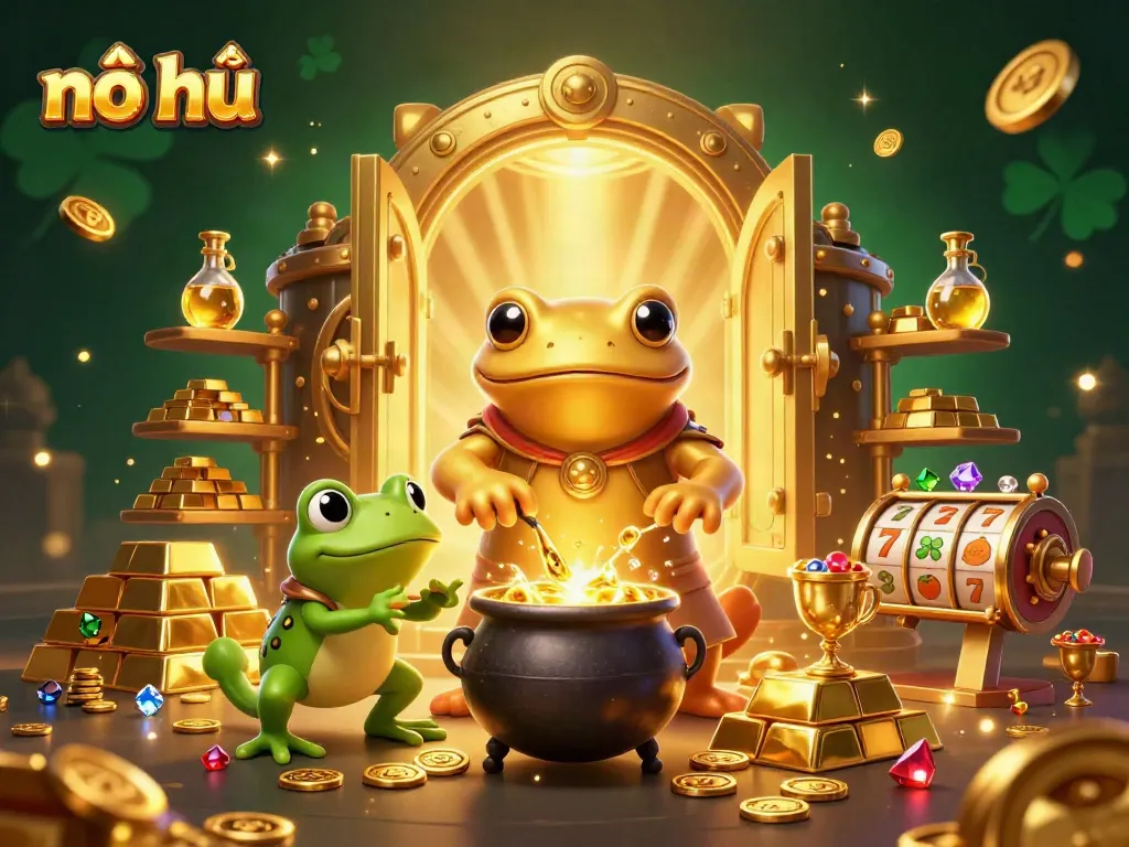 Nổ hũ game illustration showing a magical scene with gold and treasure in a medieval setting.