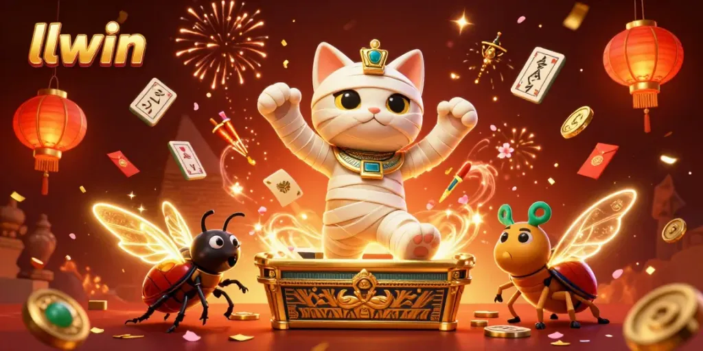Experience the thrill of llwin with a vibrant scene of an Egyptian mummy cat and scarab beetle in a dynamic pyramid casino atmosphere.