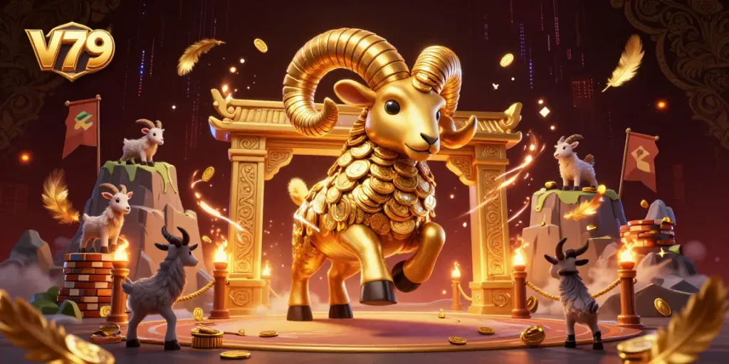 Experience the thrilling V79 casino ambiance with golden ram and vibrant gaming elements.