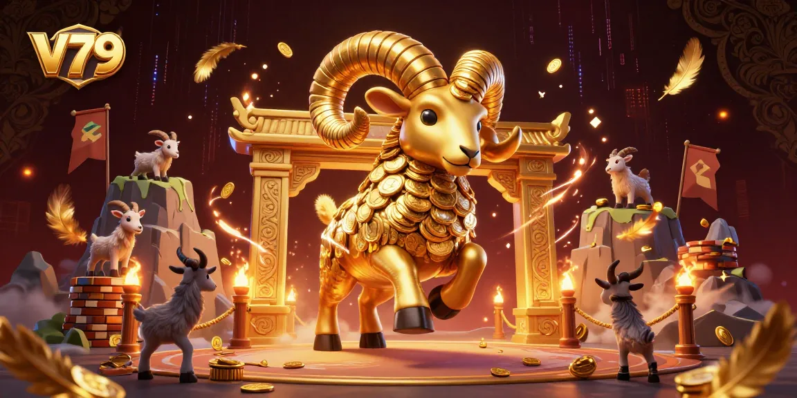 Experience the thrilling V79 casino ambiance with golden ram and vibrant gaming elements.