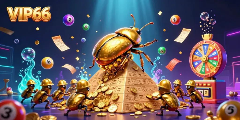 Engage with the vibrant excitement of VIP66, where golden beetles roll coins and lottery elements flutter in a dynamic casino atmosphere.