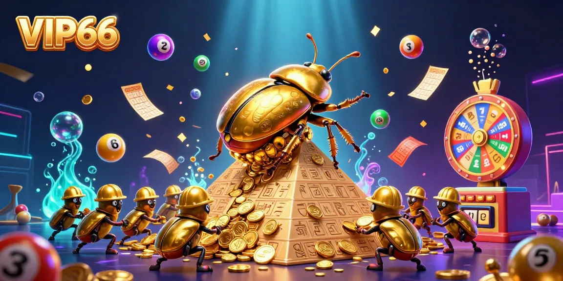 Engage with the vibrant excitement of VIP66, where golden beetles roll coins and lottery elements flutter in a dynamic casino atmosphere.