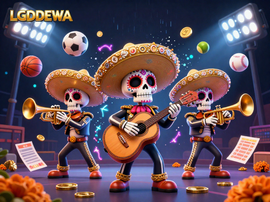 Engage with LGODEWA as 3D mariachi skeletons celebrate, surrounded by dynamic sports elements.