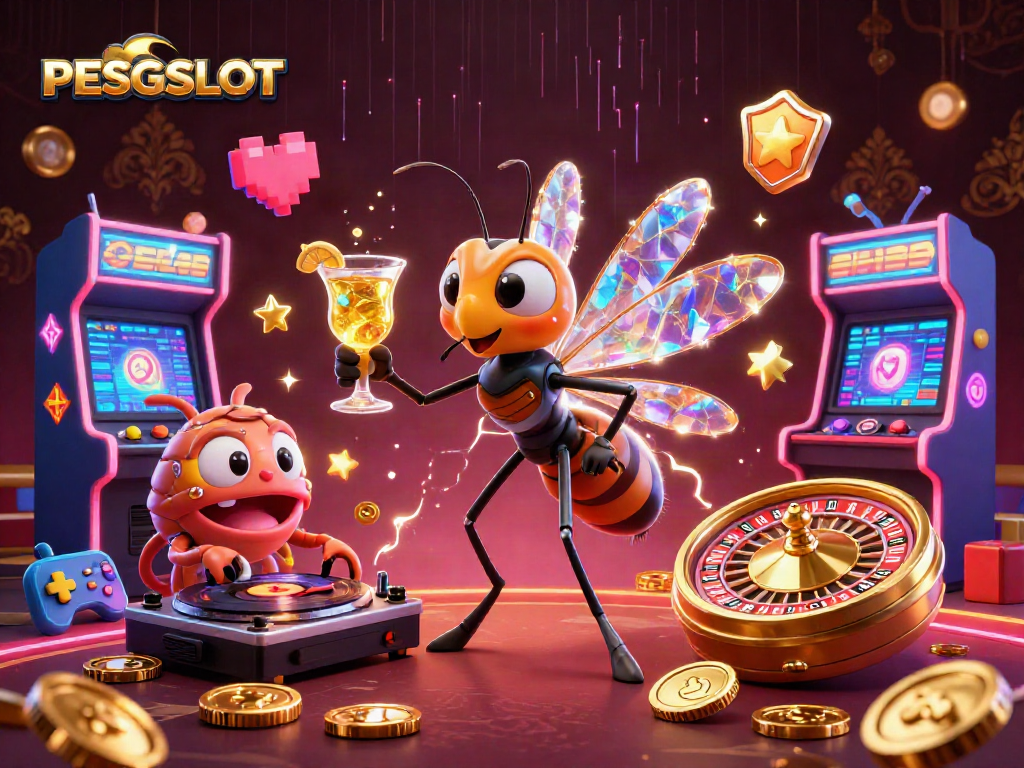 Gambarkan keseruan PESGSLOT dengan karakter unik di arena kasino, penuh warna dan energik.