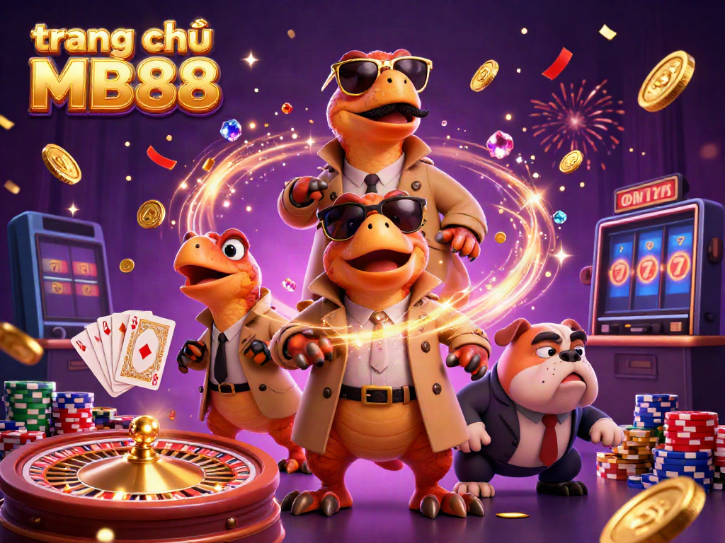 Experience the vibrant action of trang chủ MB88 with raptors in a trench coat at a casino lounge.