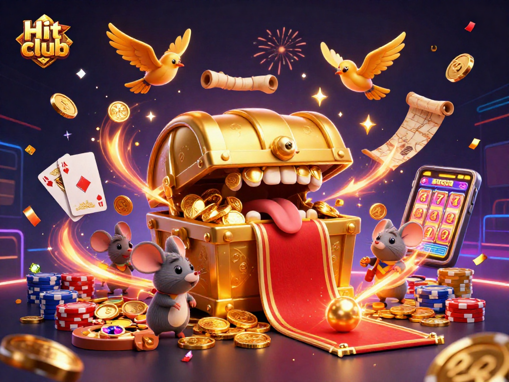 Engage with Hit club's vibrant gaming world, featuring a dynamic 3D treasure chest and casino elements.