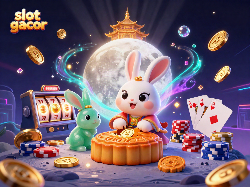 Experience slot gacor excitement with a whimsical scene featuring moon rabbits and vibrant casino elements.